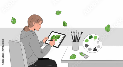 Woman Digital Artist Painting Leaf Illustration On Tablet