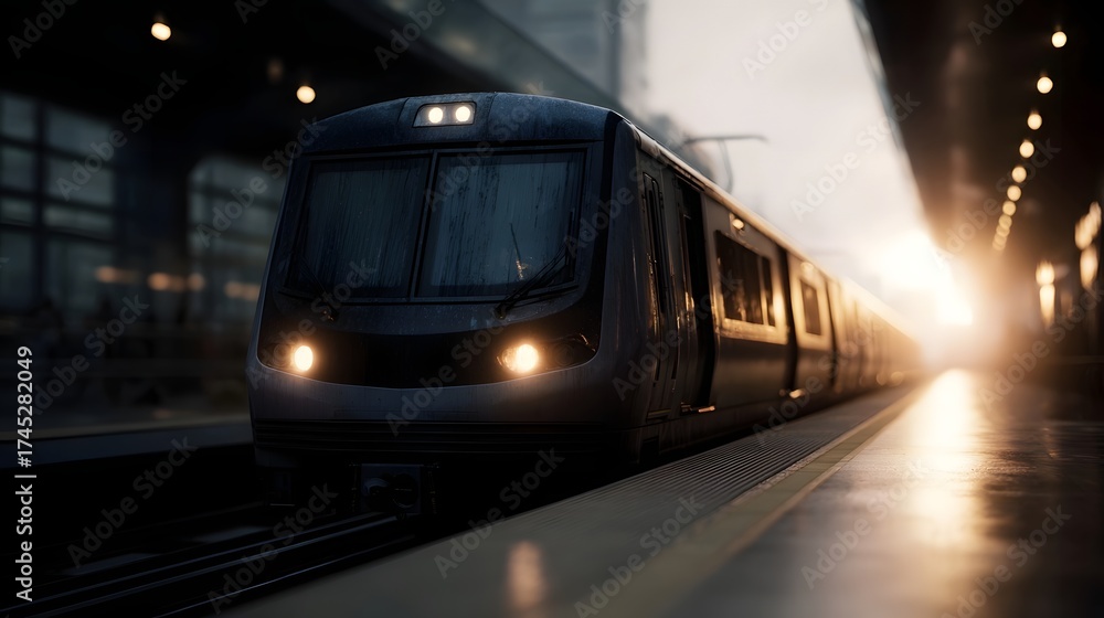 Naklejka premium A modern train arrives at a dimly lit station platform with warm morning light in the distance