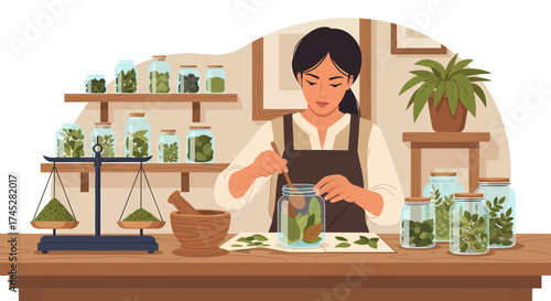 Woman Making Herbal Remedies with Natural Ingredients in Jars