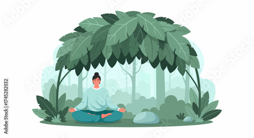 Woman Practicing Meditation Under Tree In Serene Forest Setting