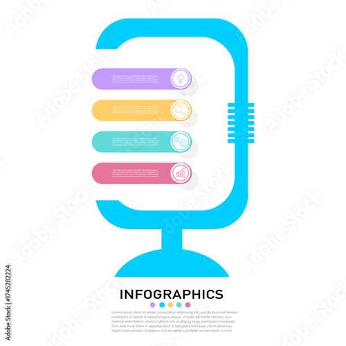 Modern infographic design in a microphone shape with five colorful data elements and icons. Perfect for presentations, reports, and digital media.