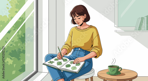 Young Woman Drawing Leaves In Her Botanical Sketchbook At Home