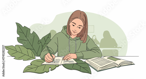 Young Woman Studying In A Relaxed Natural Setting Illustration