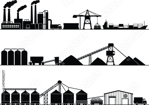 Industrial logistics silhouette set, factory, mining site, agricultural processing, cargo ship, dump truck, conveyor system, black and white, vector illustration, infrastructure, supply chain