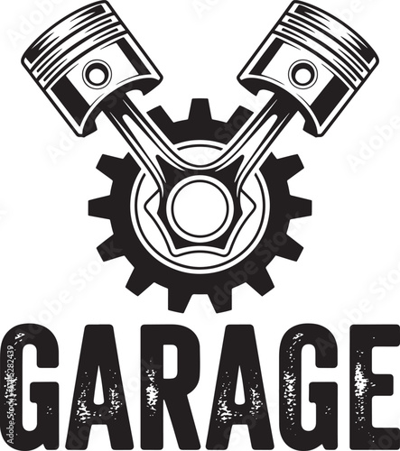 Garage logo with pistons and gear on white background engine motor