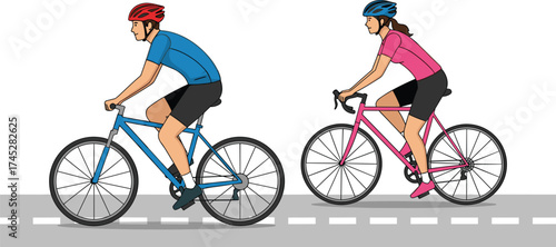 Cyclists riding road bikes, outdoor activity, healthy lifestyle, sports exercise, bike lane, summer fitness, helmet safety, transportation, flat vector illustration, cartoon style