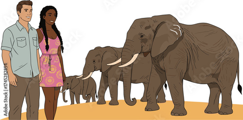 Elephant family, safari wildlife, nature adventure, people with elephants, jungle animals, outdoor exploration, eco tourism, harmony with nature, cad drawing flat vector illustration