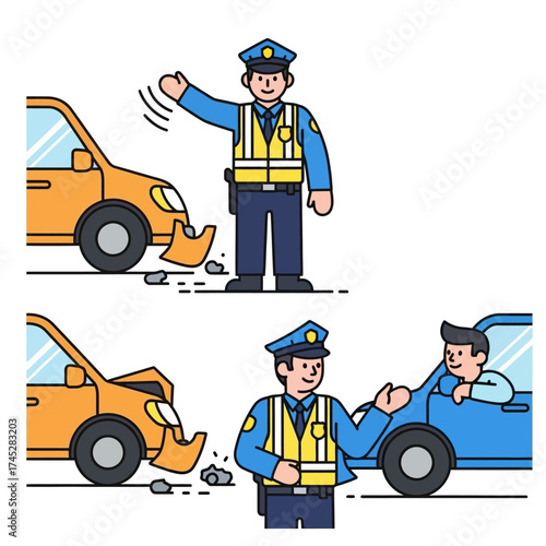 Traffic cop directing cars after an accident scene with damaged vehicles.
