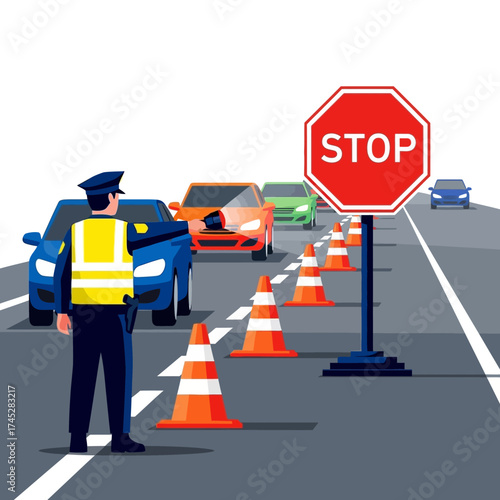 Traffic police officer directing cars with a stop sign and traffic cones.