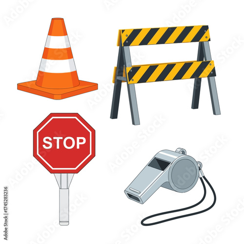 Traffic safety equipment set including cone barrier stop sign and whistle.