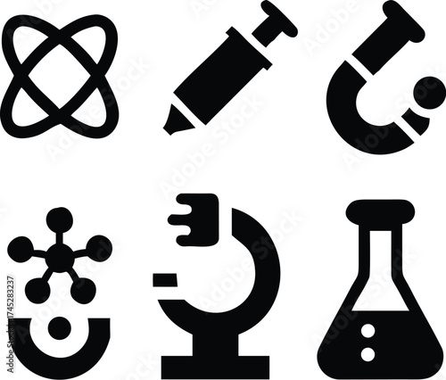Black science and chemistry icons featuring lab equipment and molecules
