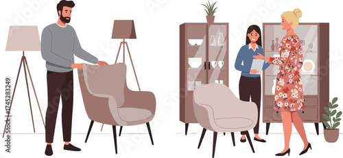 Indoor furniture showroom, people interacting, armchair adjustment, tablet conversation, stylish decor, cartoon vector, cad drawing flat vector illustration
