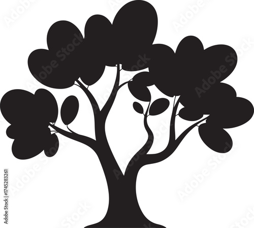 Silhouette of a stylized deciduous tree with rounded canopy and branches black white