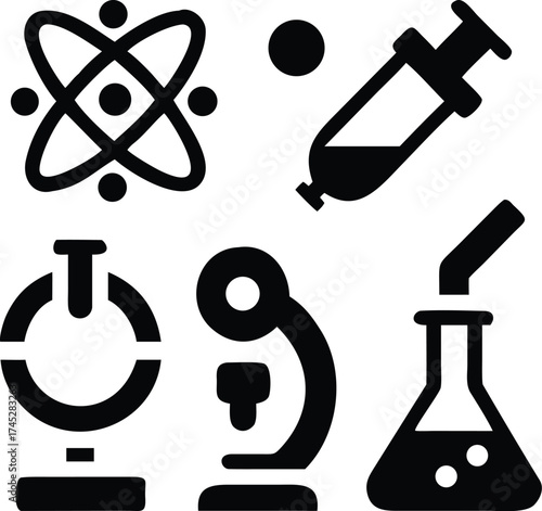 Science and research icons with microscope, flask, and dropper in black