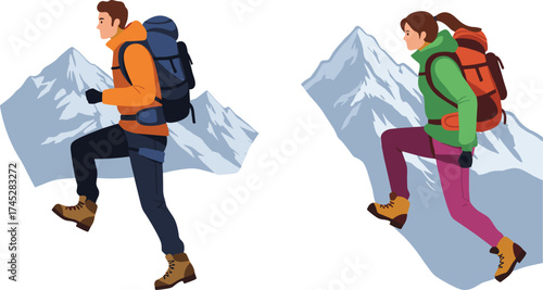 Mountain hiking couple, outdoor adventure, snow peak, trekking gear, winter climb, cartoon vector, active lifestyle, cad drawing flat vector illustration
