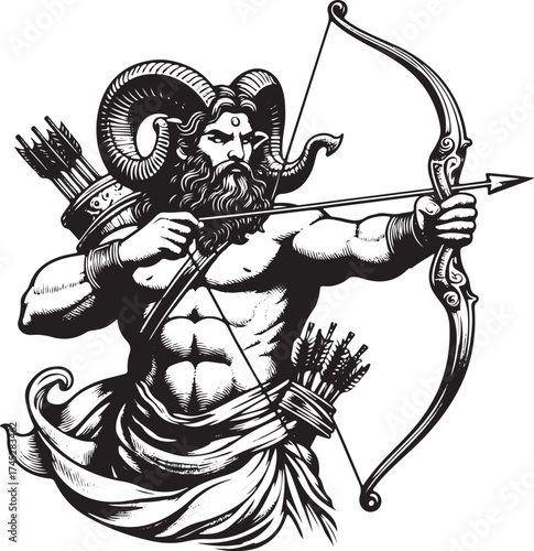 Powerful archer with ram horns drawing back bow in striking black and white illustration, perfect for fantasy, mythology, or zodiac themed designs