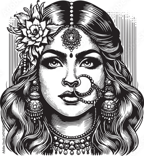 Stunning black and white portrait of a woman adorned in traditional Indian jewelry and floral headpiece, perfect for cultural projects and elegant designs