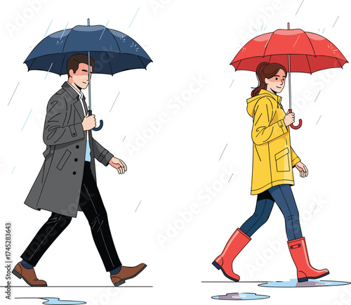 Rainy day walk, cartoon vector illustration, two people with umbrellas, stylish outfits, puddles, weather scene, flat design, outdoor lifestyle, cad drawing flat vector illustration