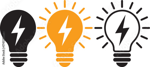 Three Light Bulb Icons with Lightning Bolt Symbol Black Orange White idea innovation
