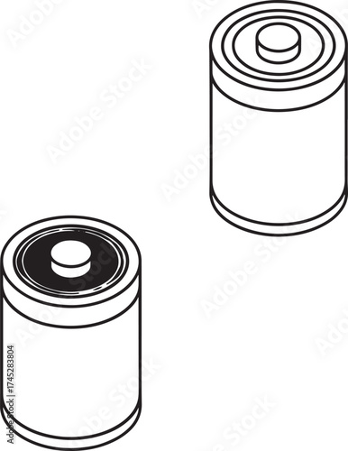 Two Cylindrical Battery Icons Outline Isometric View on White Background power energy