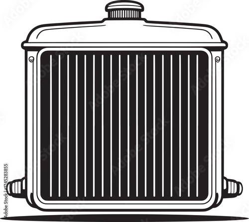 Vintage car radiator grill in black and white with vertical fins and shadow retro antique