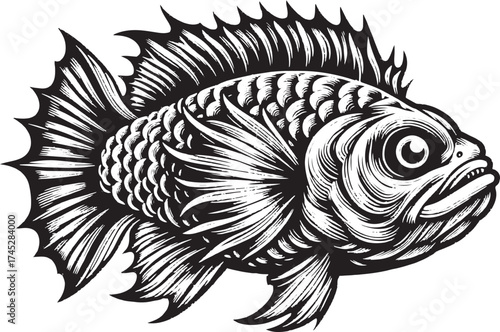 Striking black and white fish art for modern design projects, vibrant details, perfect for tattoo inspiration or marine themed graphics, bold unique