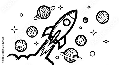 Rocket spaceship blasting off into outer space, surrounded by various planets and sparkling stars.