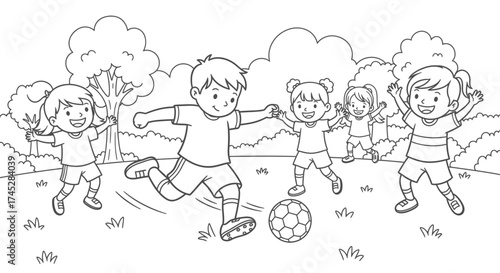 Happy group of diverse children playing soccer cheerfully on a grassy field outdoors.