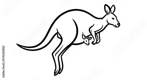 Loving Mother Kangaroo with Joey in Pouch, Hopping, Isolated White Background, Line Art.