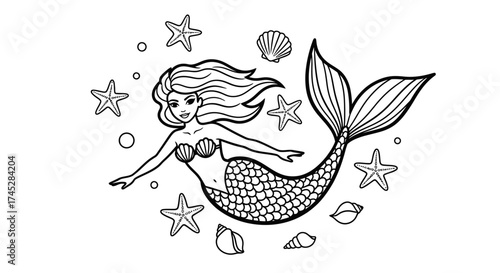 Beautiful Mermaid Swimming Gracefully Underwater with Starfish and Seashells, Magical Fantasy Scene