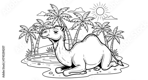 Peaceful Camel Resting by an Oasis with Palm Trees in the Hot Desert, Exotic Travel Scene
