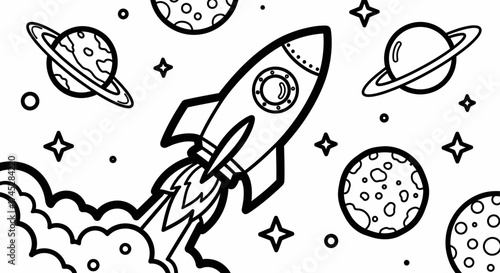 Space Rocket Blasting Off Amidst Planets and Stars in Outer Space, Exciting Cosmic Adventure
