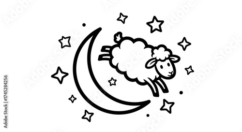 Cute Sheep Jumping Over Crescent Moon and Stars on an isolated white background, Whimsical Night Sky Dream Scene