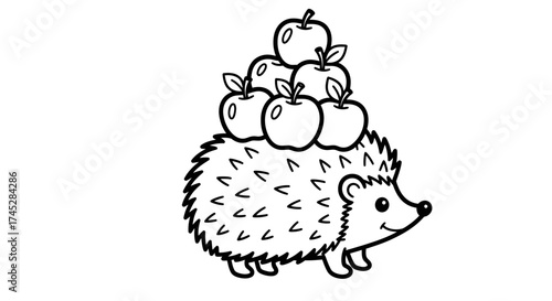 Cute Hedgehog Carrying Stacked Apples on Its Back on an isolated white background, Adorable Forest Animal with Fruit Harvest