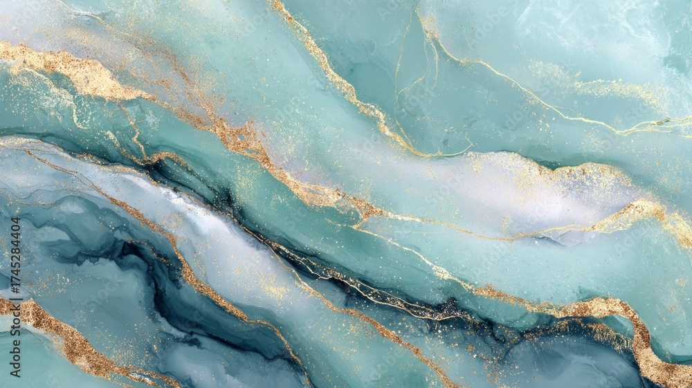 Fototapeta premium Abstract marble effect with gold veins in aqua tones. AI image