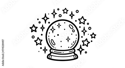 Mystical Crystal Ball with Sparkling Stars and Magic Aura, Fantasy Prediction Object, Black and White Coloring Page, Isolated White Background