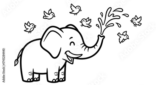 Happy Elephant Spraying Water with Trunk, Playful Birds Flying Around, Isolated White Background.