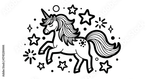 Cute Unicorn with Flowing Mane Surrounded by Stars, Magical Creature on Isolated White Background.