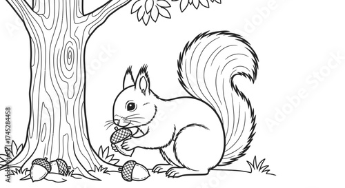 Cute squirrel happily eating an acorn by a tree in a peaceful forest, black and white outline, isolated white background.
