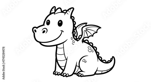 Adorable baby dragon with wings smiling sweetly, black and white outline, isolated white background.