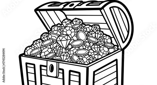Open treasure chest overflowing with sparkling gold coins and precious jewels, black and white outline, isolated white background.