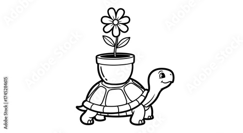 Cute Turtle Carrying a Potted Flower on Its Shell, in a Peaceful Garden Setting, Gentle and Caring.