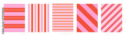 Set of of striped vertical backgrounds. Colorful straight and diagonal stripes for cards, posters, covers, banners or branding. Pink, beige and red color. Vector illustration