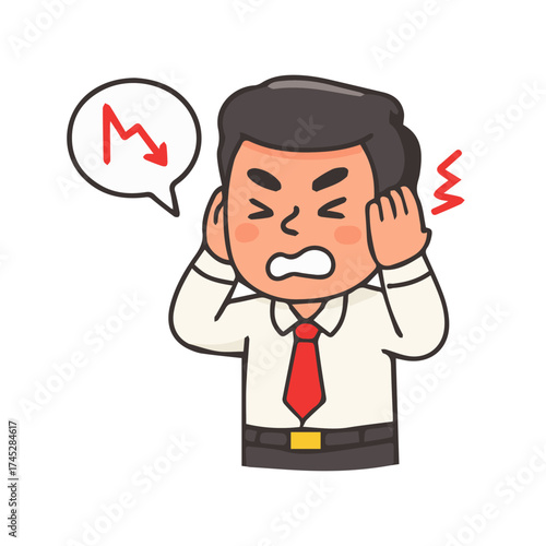 Businessman frustrated stress seeing stock market crash. Office worker angry losing money finance decline illustration.