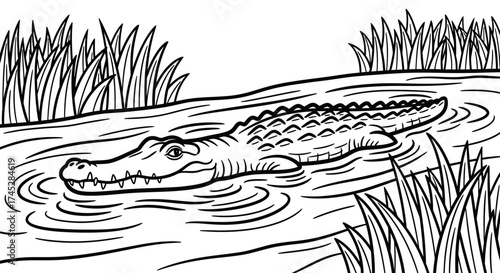 Large Alligator Swimming Through Reeds in a Swampy River, Wild and Watchful.