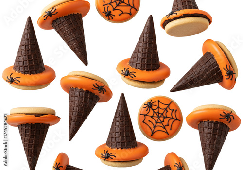 Delicious Halloween Witch Hat and Spiderweb Cookies Pattern on White Background