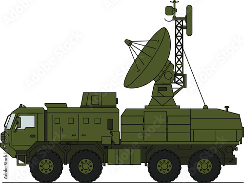 Military radar vehicle, electronic warfare, surveillance truck, communication system, battlefield technology, defense equipment, antenna, reconnaissance, olive green, vector style, armored transport