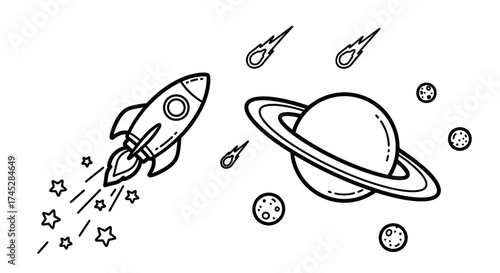 Futuristic Rocket Flying Through Outer Space with Planet Saturn, Stars, and Comets, An Exciting Cosmic Adventure, Isolated White Background