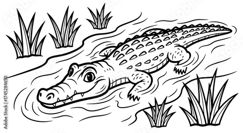 Wild Alligator Swimming in a Swamp with Reeds and Water Plants, A Dangerous Reptile in its Natural Habitat, Isolated White Background