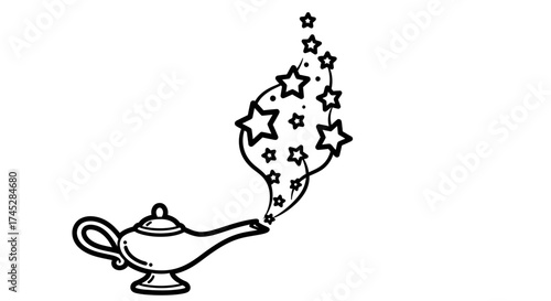 Mysterious Magic Lamp Emitting Stars and Sparkles, A Symbol of Wishes and Enchantment, Isolated White Background